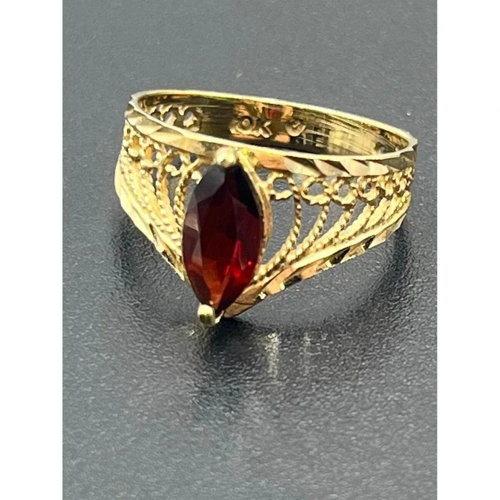 Designer 10K Yellow Gold Marquise Red Prong Garnet Ring Vintage Estate 7.25 1 Ct